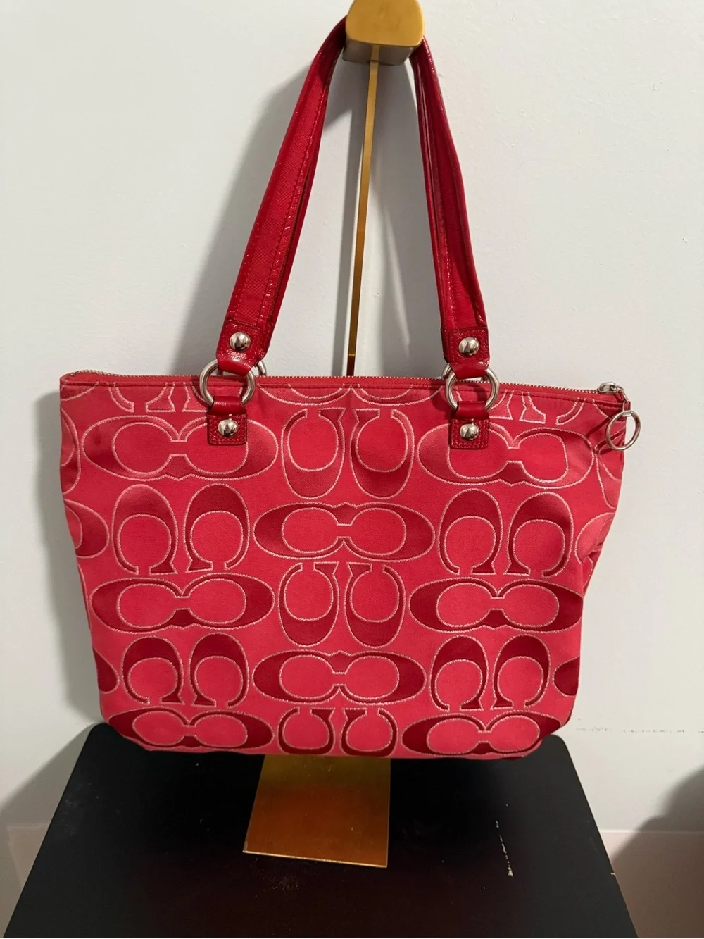 Coach Poppy Red Signature Shoulder Tote with silver tone Hardware!